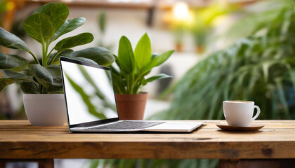 wooden table with laptop white screen and a cup of coffee complemented by a vibrant potted plant blurred background high quality photo