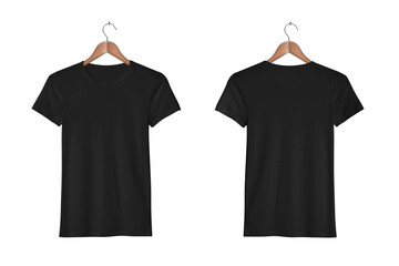 Women's Casual Slim Fit Short Sleeve Black Tight T-Shirts on a Classic Wooden Hanger