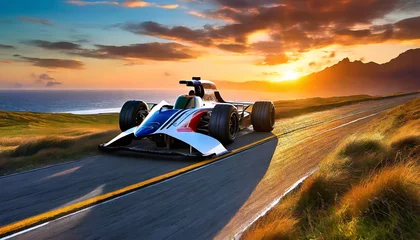 Poster racing into tomorrow captivating views of a prototype ferrari against a beautiful sunset generative ai © Emanuel