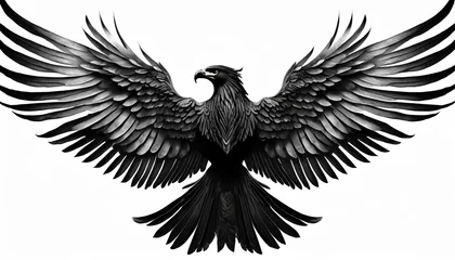 Foto auf Acrylglas heavenly soar black angelic winged on white background isolated eagle flight emblem of power and majesty skyward bound symbolic feathers in art © Emanuel