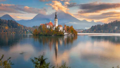 Poster attractive morning view of pilgrimage church of assumption of maria impressive autumn scene of bled lake julian alps slovenia europe traveling concept background © Emanuel