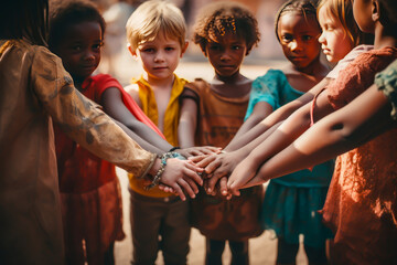Fototapeta na wymiar Group of children holding hands symbolizing unity