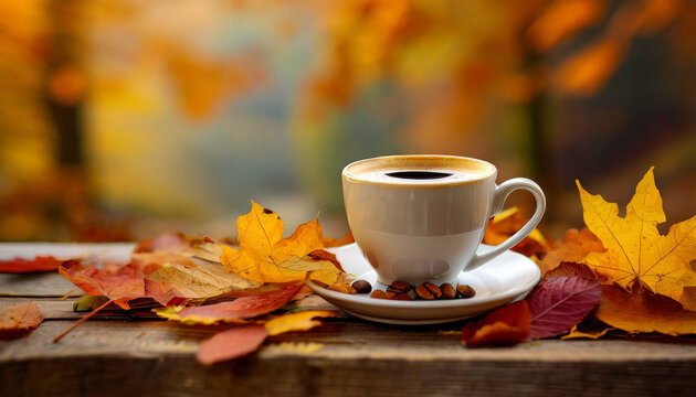 coffee cup nestled among autumn leaves on a wooden table with a softly blurred fall autumn background high quality photo