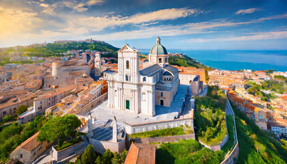 bright summer view from flying drone of cattedrale di san ciriaco church and san gregorio illuminatore catholic church stunning morning cityscape of ancona town italy europe