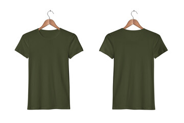 Women's Casual Slim Fit Short Sleeve Military Green Tight T-Shirts on a Classic Wooden Hanger