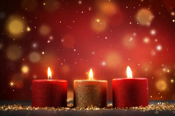 Red christmas burning candles with snowflakes on bokeh background. Generative AI