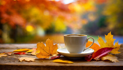 Naklejka na ściany i meble coffee cup nestled among autumn leaves on a wooden table with a softly blurred fall autumn background high quality photo