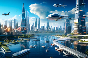 Futuristic city with flying cars and holograms.