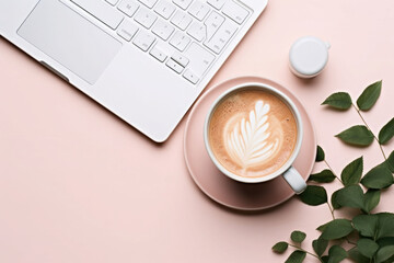 Stylish flat lay composition featuring a cup of coffee, flowers and laptop on pastel pink background. Generative AI
