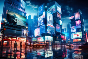 Futuristic city with holographic advertisements.