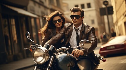 Young couple with a retro motorcycle, stylish hipster fashion