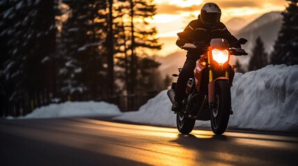 Motorcycle rider on a snowy road in winter  in the mountains at sunset. - obrazy, fototapety, plakaty