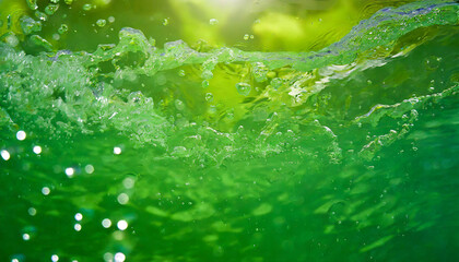defocus blurred transparent green colored clear calm water surface texture with splash bubble...