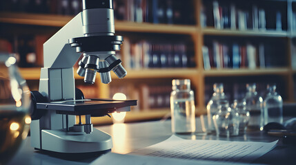 A detailed professional microscope setup on a desk with vials with a backdrop of books, evoking scholarly research ambiance. - obrazy, fototapety, plakaty