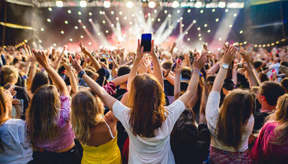 a crowd of people at a live event concert or party holding hands and smartphones up large audience crowd or participants of a live event venue