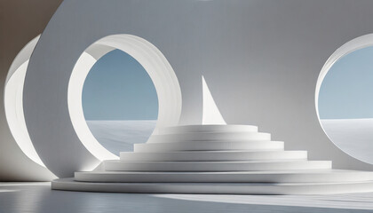white abstract background with white steps and round windows modern building design in the future 3d
