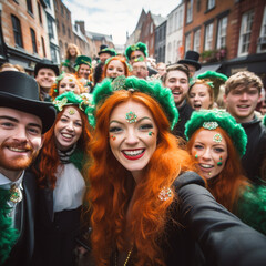 Fototapeta premium A group of people taking a selfie celebrating St. Patrick's Day. Generative AI