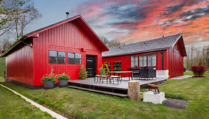 red contemporary barndominium modern farmhouse living with outdoor entertainment area - obrazy, fototapety, plakaty