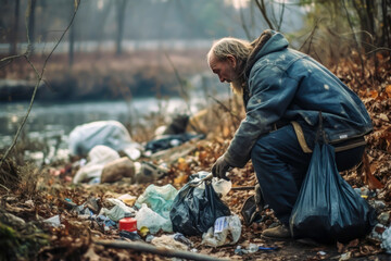 Homeless person searching through trash for food - obrazy, fototapety, plakaty