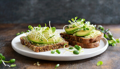 sandwich of tender juicy germinated alfalfa and avocado sprouts on slices of rye bread this is a great idea for those who watch their health healthy morning breakfast or snack