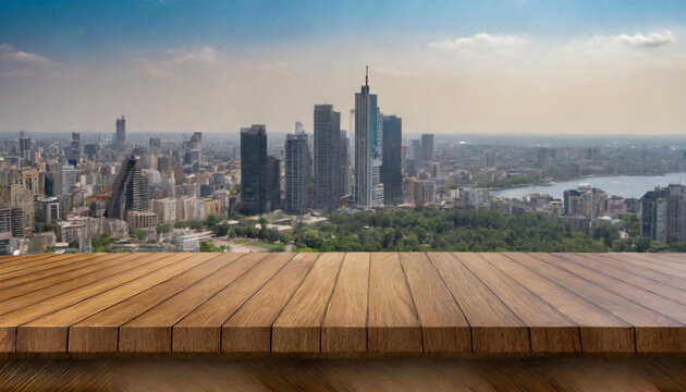 wood table top with background in the city building skyline concept high quality photo