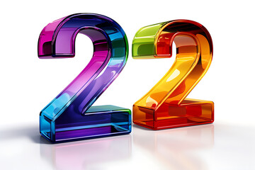 Multicolored and transparent number 22 on a white background