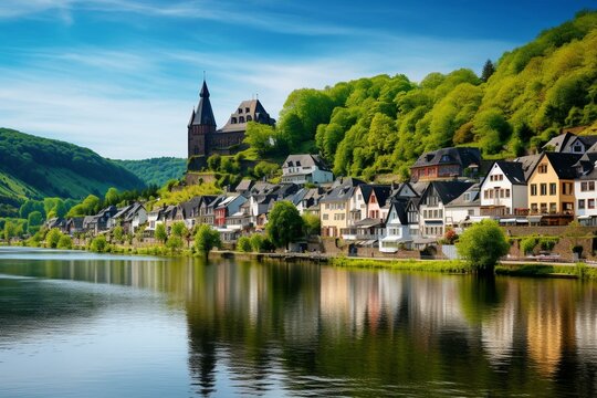 Image of a tranquil riverside location named Moselle. Generative AI