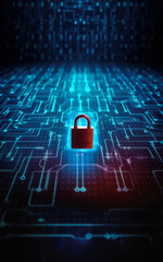 Cybersecurity concept, padlock on abstract digital computer network background illustration. Vertical banner. Generative AI - obrazy, fototapety, plakaty