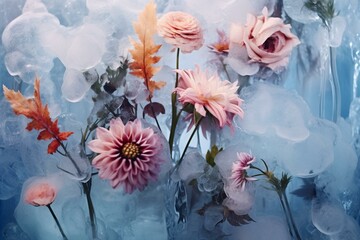 Conceptual photo of vibrant flowers frozen in an iceberg during natural spring thaw, surrounded by ice and leaves. Generative AI