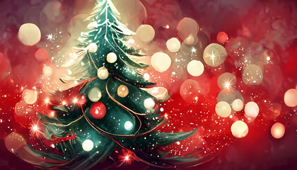 Christmas Tree In Red Background - Ornament And Abstract Defocused Lights