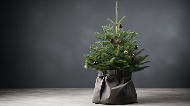 Serenity in Simplicity: An artisanal Danish Christmas tree stands in a large pot, wrapped in craft paper. This minimalistic masterpiece on a light gray background awaits your message.