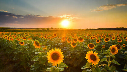 Sunflowers Illuminated by the Setting Sun