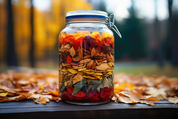 jar of preserved leaves in various autumn colors. - obrazy, fototapety, plakaty