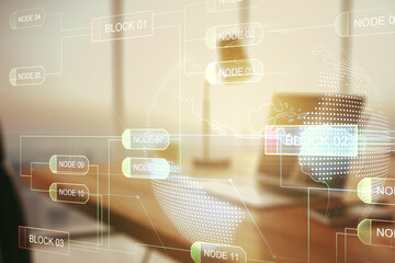 Double exposure of abstract programming language with world map on laptop background, research and development concept