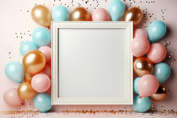 Colorful balloons with confetti on pastel pink background with empty white frame. Free space for text