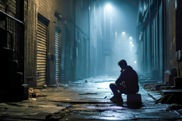 Man sitting alone in a dark alley - obrazy, fototapety, plakaty