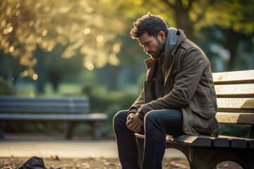 Obraz premium Man sitting on a park bench lost in thought