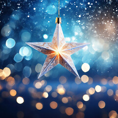 Christmas Star With Shiny Defocused Lights In Abstract Blue Night
