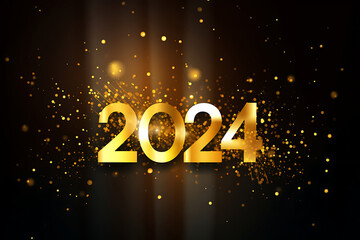 2024 Happy New year with sparkling golden light effect on dark background. Realistic 2024 text effect.
