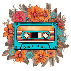 Retro music cassette with flowers illustration. Boho vintage style. Stereo DJ tape, vintage 90s cassettes tapes and audio tape. Antique radio play cassette.