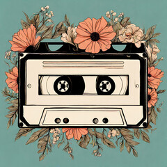 Retro music cassette with flowers illustration. Boho vintage style. Stereo DJ tape, vintage 90s cassettes tapes and audio tape. Antique radio play cassette.