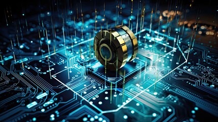 Fototapeta premium Data protected by a quantum lock, symbolizing the quantum encryption's resistance to hacking attempts