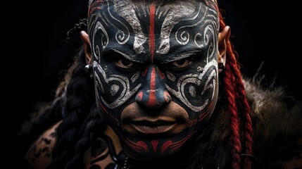 Portreit of Maori warrior from New Zealand in tribal face paint  - obrazy, fototapety, plakaty