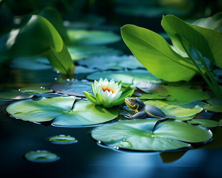 A tranquil pond with lily pads and frogs