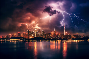 Naklejka na ściany i meble Time-lapse of a city skyline during a thunderstorm.