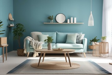 Cozy living room with light blue walls, filled with sunshine on a beautiful day. Relax and bask in the warmth of natural light on the sofa and coffee table. Generative AI