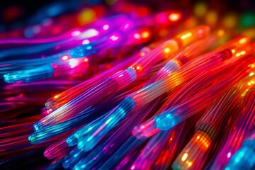 Colorful electric cables and LED, optical fiber, vibrant colors, technology, business. Generative AI