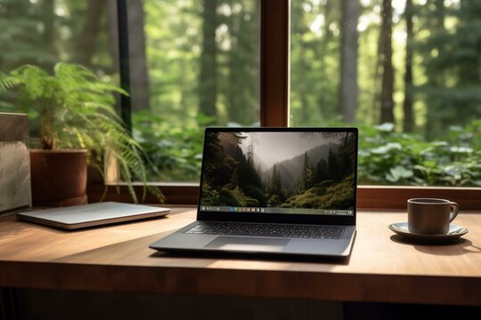 Laptop near forest window, showcasing nature view. Encourages remote work and natural lighting. Enabled by technology. Generative AI