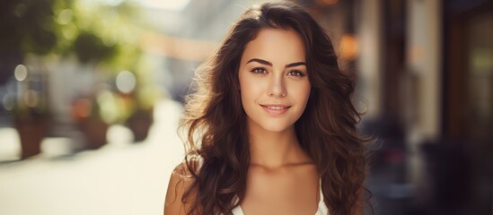 Obraz premium Summer street outdoors close up of young beautiful brunette woman with fresh skin