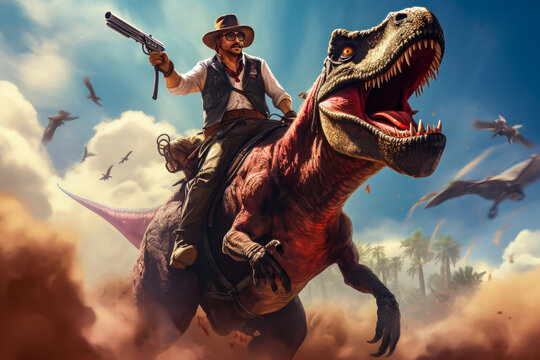 Time-traveling cowboy riding a dinosaur.